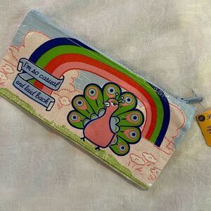 Blue Q Recycled Plastic Zipper Pencil Pouch 9” X 4” Casual Laid Back Peacock